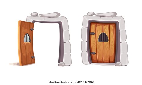 vector Illustration of medieval door from a prison cell. Opened and closed. wood material. Picture for 2D game design. Isolate on white background