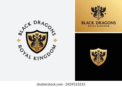 Ilustración vectorial de dragones medievales con escudo dorado para escudo del reino o escudo de armas de la familia Antiguas insignia emblema de diseño de logotipo