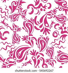 Vector illustration. Medieval floral royal pattern. Good for greeting card for birthday, invitation or banner. Decorative symmetry arabesque. Pink seamless pattern on a white background.