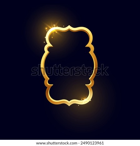 Vector illustration of a medieval golden frame. Realistic gold mockup with glowing particles on a black isolated background, ideal for labels, emblems and gaming interface.