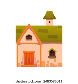 Ilustración vectorial de una casa medieval, que representa una casa de piedra pintoresca con ventanas clásicas, una antigua chimenea y un techo verde sobre un fondo blanco.