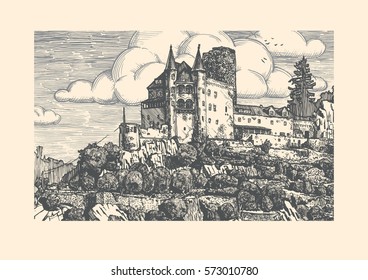 Vector illustration of medieval Katz Castle in vintage etching style. Sankt Goarshausen, Rhine Gorge, Rhineland-Palatinate, Germany.