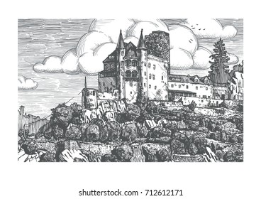 Vector illustration of medieval Katz Castle in vintage etching style. Sankt Goarshausen, Rhine Gorge, Rhineland-Palatinate, Germany.