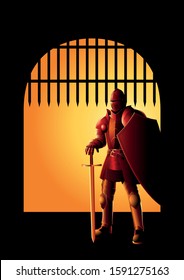 Vector illustration of a medieval knight in armor with sword and shield at the front gate, preparation, protection, precaution concept