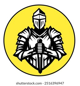 A vector illustration of a medieval knight in armor holding a sword. The knight is isolated on a white background, with a bright yellow circle behind him