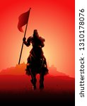 Vector illustration of a medieval knight on horse carrying a flag on dramatic scene