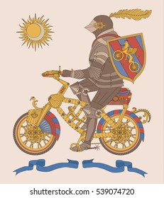 Vector illustration of Medieval Knight on a bike. Concept of knighthood with bicycle.  Flat graphic concept of old lifestyle. Detail of ancient knight on bicycle.Vehicle. man in armor on an iron hors.