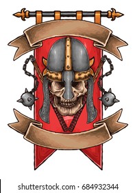 Vector illustration of medieval knight skull with helmet, banner and weapon
