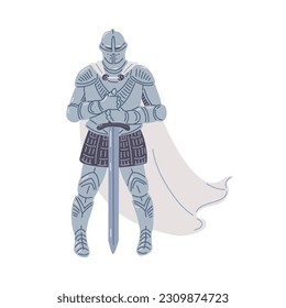 Vector illustration of medieval knight with white cape wearing armor, sword in hands, helmet on head. Warrior standing and leaning on a sword. Cartoon concept of Middle ages