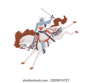 Vector illustration of medieval knight in a white cloak and wearing armor, sword in hand and helmet with horns riding a white horse. Cartoon concept of Chivalry Middle ages