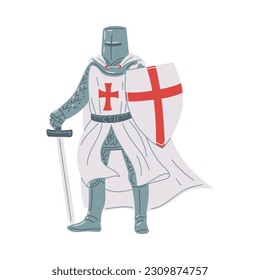 Vector illustration of medieval knight in a white cloak and wearing armor, in the hands of a sword and a shield with a red cross, helmet on head. Cartoon concept of Middle ages