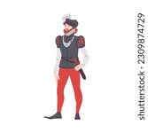 Vector illustration of medieval lord, duke in red pants with knife and a headdress with feather. Cartoon concept of monarch Middle ages, isolated on white background