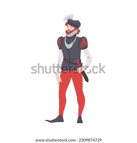 Vector illustration of medieval lord, duke in red pants with knife and a headdress with feather. Cartoon concept of monarch Middle ages, isolated on white background