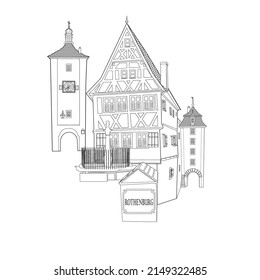 Vector illustration of Medieval old street with traditional German houses in Rothenburg ob der Tauber, Germany 