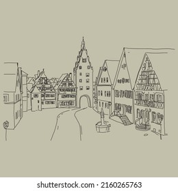 Vector illustration of Medieval old street with traditional German houses in Monheim am Rhein, Germany 