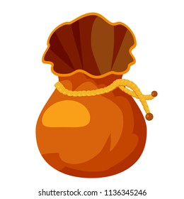 Vector illustration medieval purse, empty bag for gold and stack of golden coins. Brown leather bag icon, cartoon style, isolated