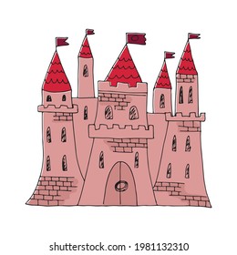 Vector illustration of a medieval red stone castle with five towers and flags on top. Doodle drawing for banner, poster, advertisement, excursion agency catalog, web design or printing

