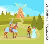 Vector illustration of medieval scene with knight on horseback with full knights equipment including helmet, mail-shirt, lance and shield, peasants, windmill, countryside landscape. Flat style design.