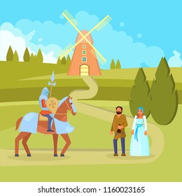 Vector illustration of medieval scene with knight on horseback with full knights equipment including helmet, mail-shirt, lance and shield, peasants, windmill, countryside landscape. Flat style design.