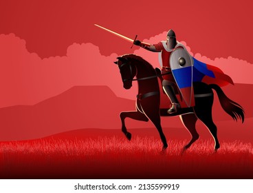 Vector illustration of medieval Slavic knight on horseback