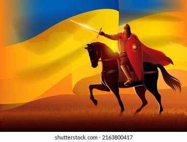 Vector illustration of medieval Slavic knight on horseback with Ukraine flag as the background