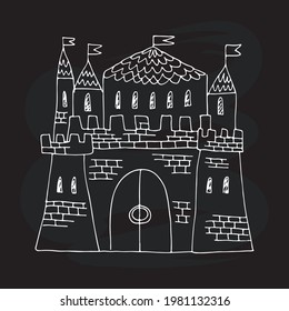 Imagen vectorial de un castillo medieval de piedra con cuatro torres y banderas encima. Dibujo de Doodle sobre fondo negro para banner, afiche, anuncio, catálogo de agencia de excursiones, diseño web o impresión