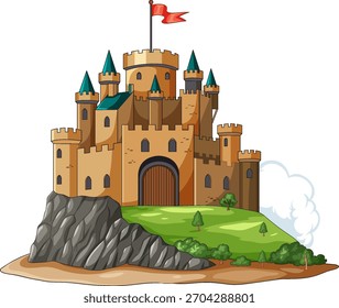 Ilustração vetorial de um castelo de pedra medieval com torres e bandeira vermelha em uma colina rochosa.