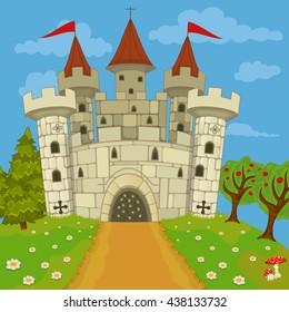 Vector illustration of a medieval stone  castle on a hill.