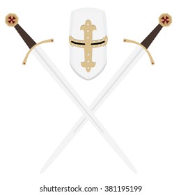 Vector illustration medieval templar knight helmet and two crossed swords. Metallic crusader armor. Medieval weapon