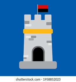Vector illustration of a medieval tower on a blue background in flat style.