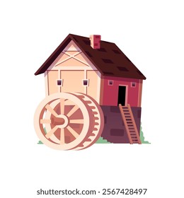 Vector illustration of medieval water mill on isolated background. Old wooden house with high stone foundation and water wheel. Wheat milling. Vintage rural architecture. Isolated background.