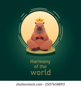 Vector illustration of a meditating capybara wearing a crown on a white background. Queen capybara. Crown.