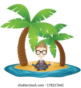 Vector illustration of a meditating cartoon businessman sitting on the beach of a tropical island.