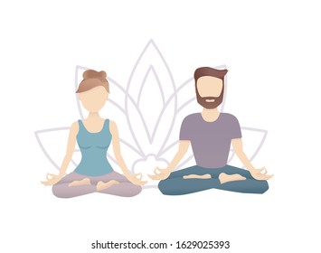 Vector illustration of a meditating couple with a Lotus flower background. Young adult man and woman practising meditation together. Yoga flyer, poster, card design.