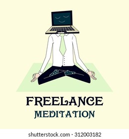 vector illustration of meditating freelancer with head laptop working