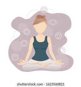 Vector illustration of a meditating girl with chakra symbols. Modern flat style with soft gradients. Woman sitting in the Lotus pose. Modern yoga and meditation card design.