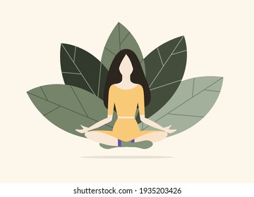 Vector illustration of meditating girl with nature background. Woman in yoga lotus pose.