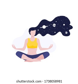 Vector illustration of meditating girl or woman doing yoga class with long hairs and cosmos and planets. Mental health meditation, calm and inner peace. Home activity, healthy lifestyle. 