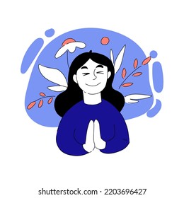 Vector illustration of meditating girl. Woman, pray, grace, meditation, unity with nature, plant, flower, tranquility, calm, love, peace, gratitude. Mental health concept. Blue, pink pastel colors.