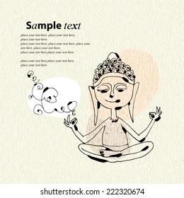 Vector illustration of a meditating little Buddha. Cute hand drawn picture, funny naive style. Cartoon image for cover and "Happy Birthday" card.