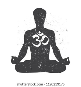Vector illustration with meditating man in lotus yoga pose with Om sign on white background with grunge texture. Black male figure for yoga concept print, poster, card and flyer design.