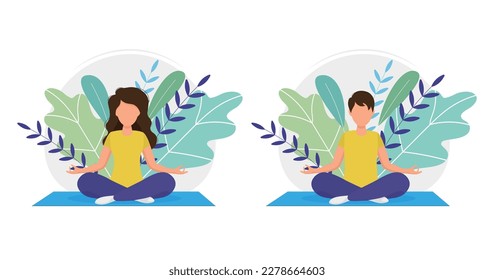 Vector illustration of meditating man and woman in nature. The concept of rest, harmony, healthy lifestyle, recreation, and sports. Vector flat illustration in cartoon style.