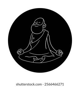 Vector illustration of a meditating monk. A serene elderly monk in orange robes sitting cross-legged with a blissful smile, surrounded by calming elements.