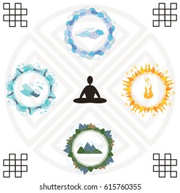 vector illustration of meditating person in center and nature elements around for focusing and spiritual healing concepts 