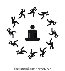 vector illustration of meditating person symbol and running people around it for yoga emblems and stickers