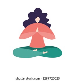 Vector illustration of a meditating woman in the Lotus pose. Modern bright flat character sitting with prayer hands. Cute minimslist yoga girl isolated on white for logo, app icon, emblem design.