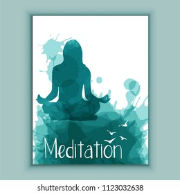 Vector illustration with meditating woman, religious symbol Om. Isolated on white background. Yoga icon for logo, poster, banner, flyer or card design. Watercolor tampleat