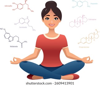 Vector illustration of a meditating woman surrounded by hormone molecules, concept of menopause, hormone balance and female health during midlife