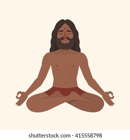 Vector illustration of a meditating yogi. Attractive indian man in yoga lotus pose. Peaceful man doing yoga and meditating. Yoga for Men.