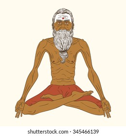 Vector illustration of a meditating yogi. Old indian man in yoga lotus pose.